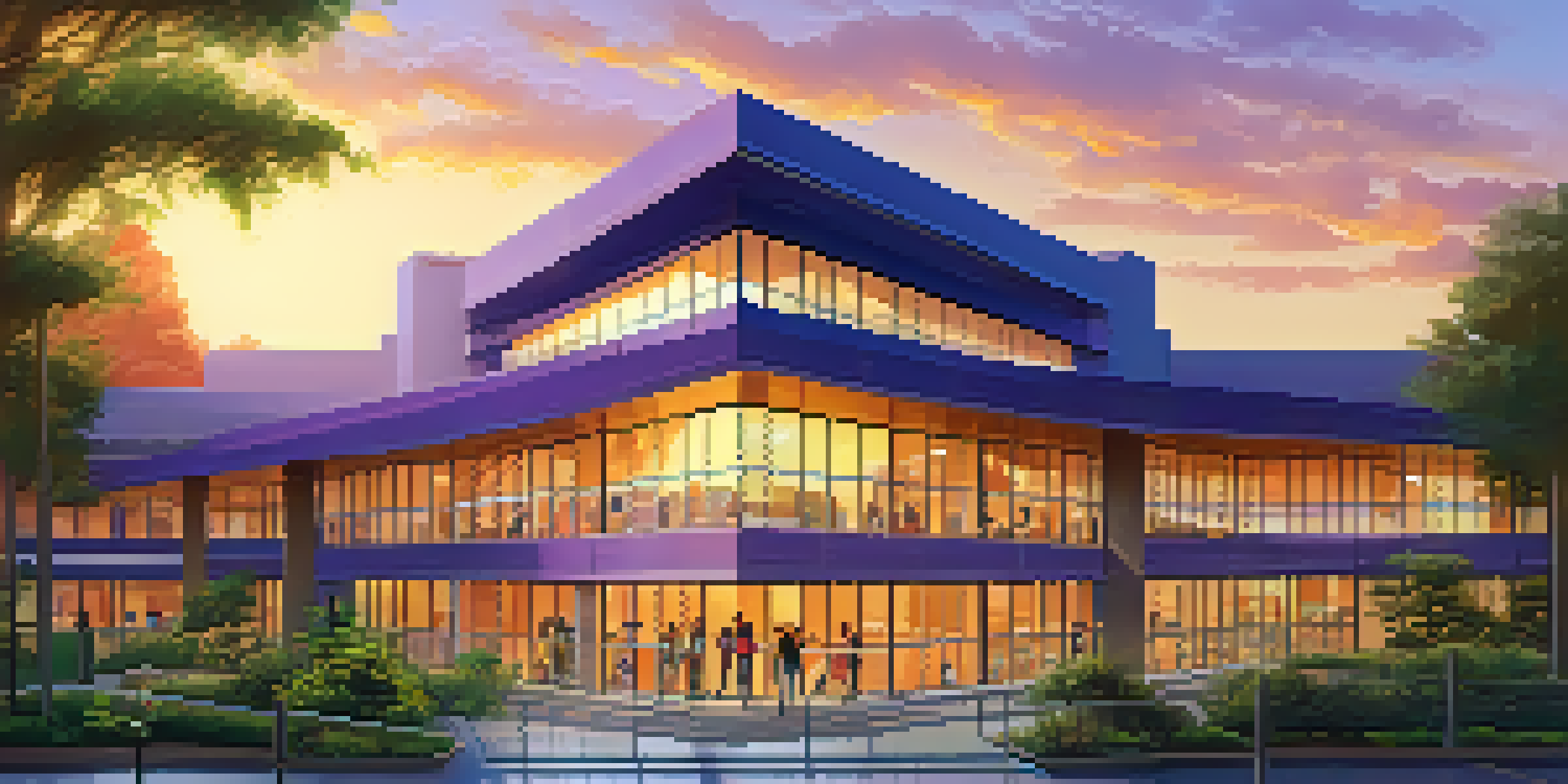 A Phoenix public school campus with students engaging in outdoor activities during sunset, surrounded by greenery.