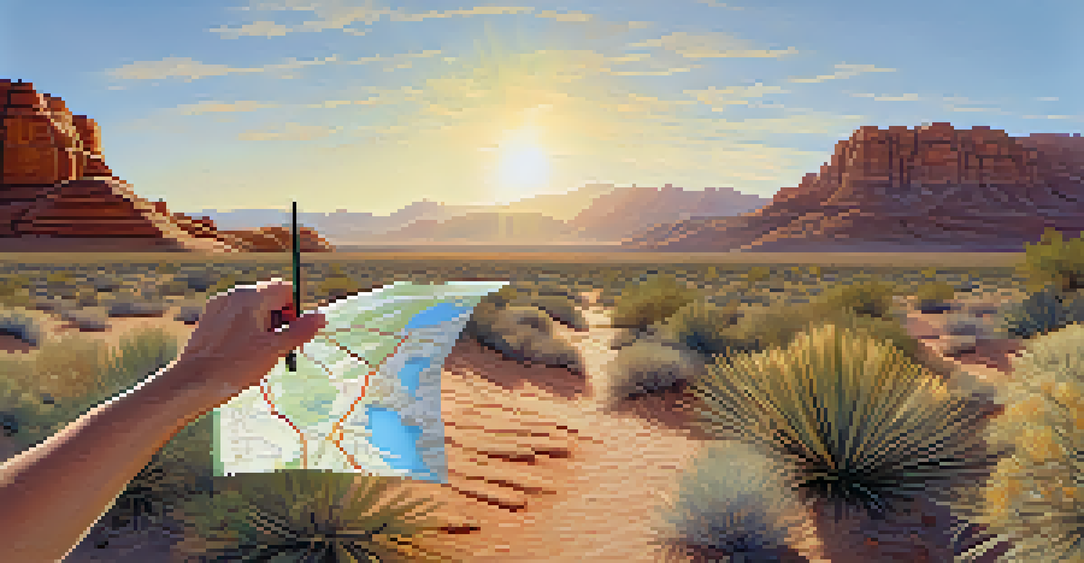 A hiker’s hand pointing at a map while on a desert trail, surrounded by vibrant plants and rocky terrain in the background.