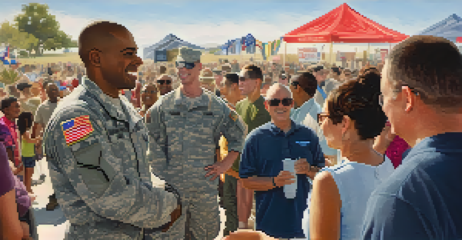 A close-up of a soldier engaging with community members at an event, with banners and aircraft in the background.