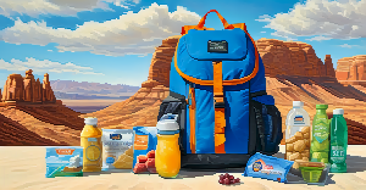A hydration pack next to healthy snacks, set against a sunny desert landscape with mountains and a blue sky.