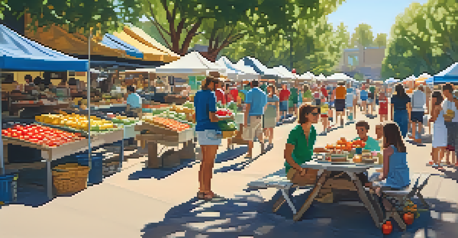 A family having a picnic at a farmers' market, surrounded by fresh food, children playing, and colorful market stalls in a sunny setting.