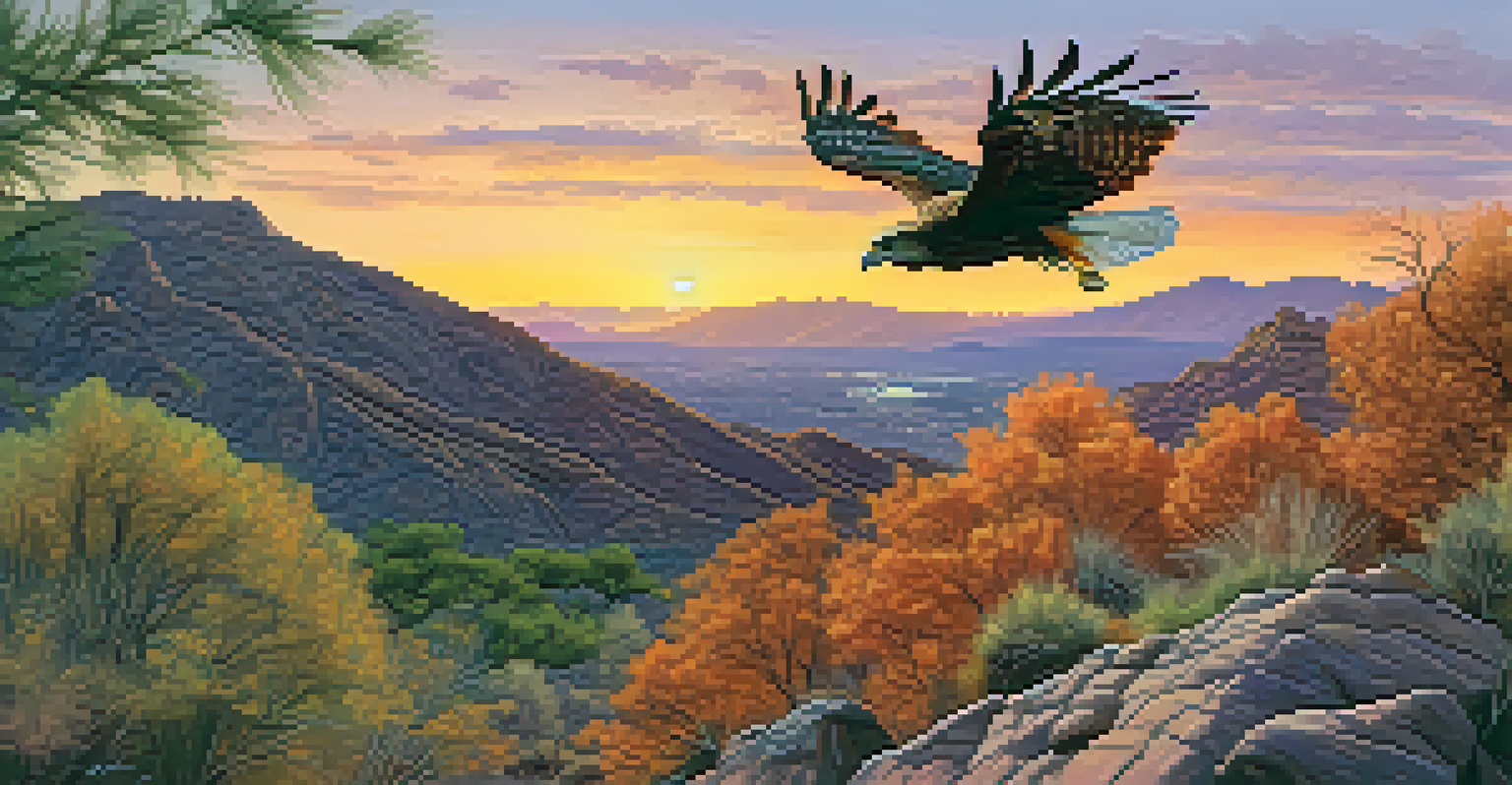 A stunning sunset at South Mountain Park with a hawk in flight and colorful sky, viewed from a hiking trail.