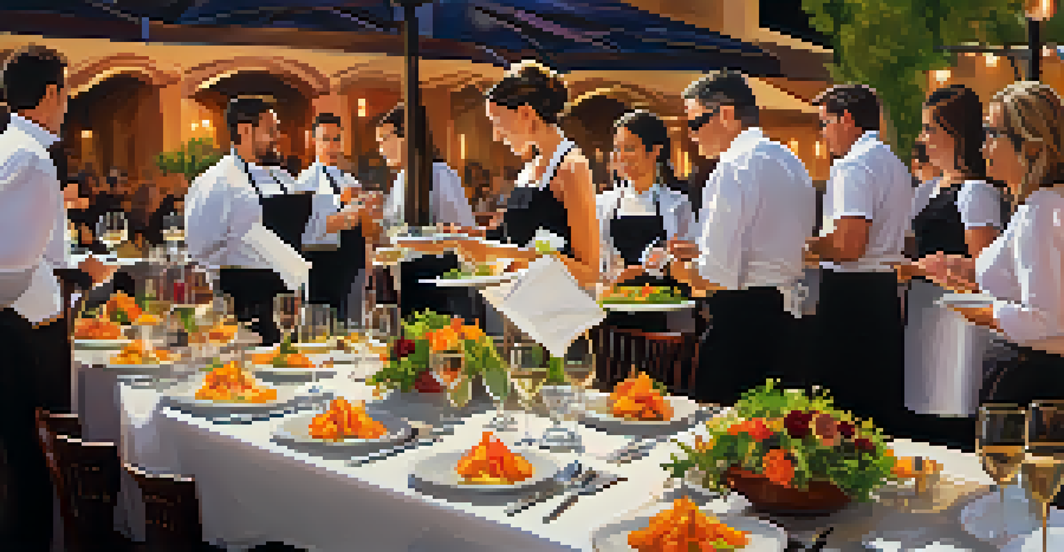 A luxurious dining setup featuring gourmet dishes and wine at a culinary festival, with chefs engaging with guests.