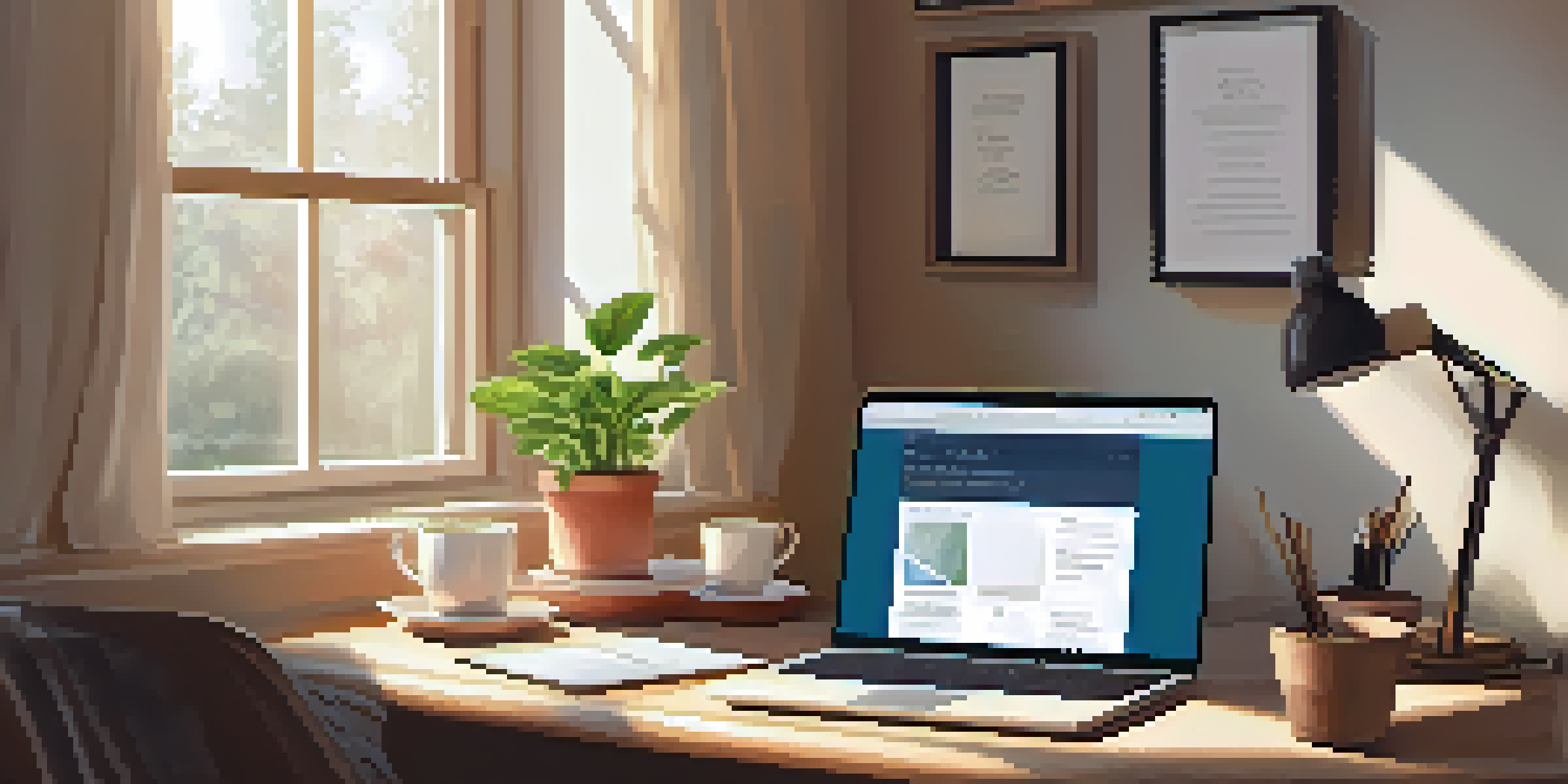 A cozy home office with a laptop, tea, and a plant, illuminated by natural light, promoting a calming environment for online therapy.