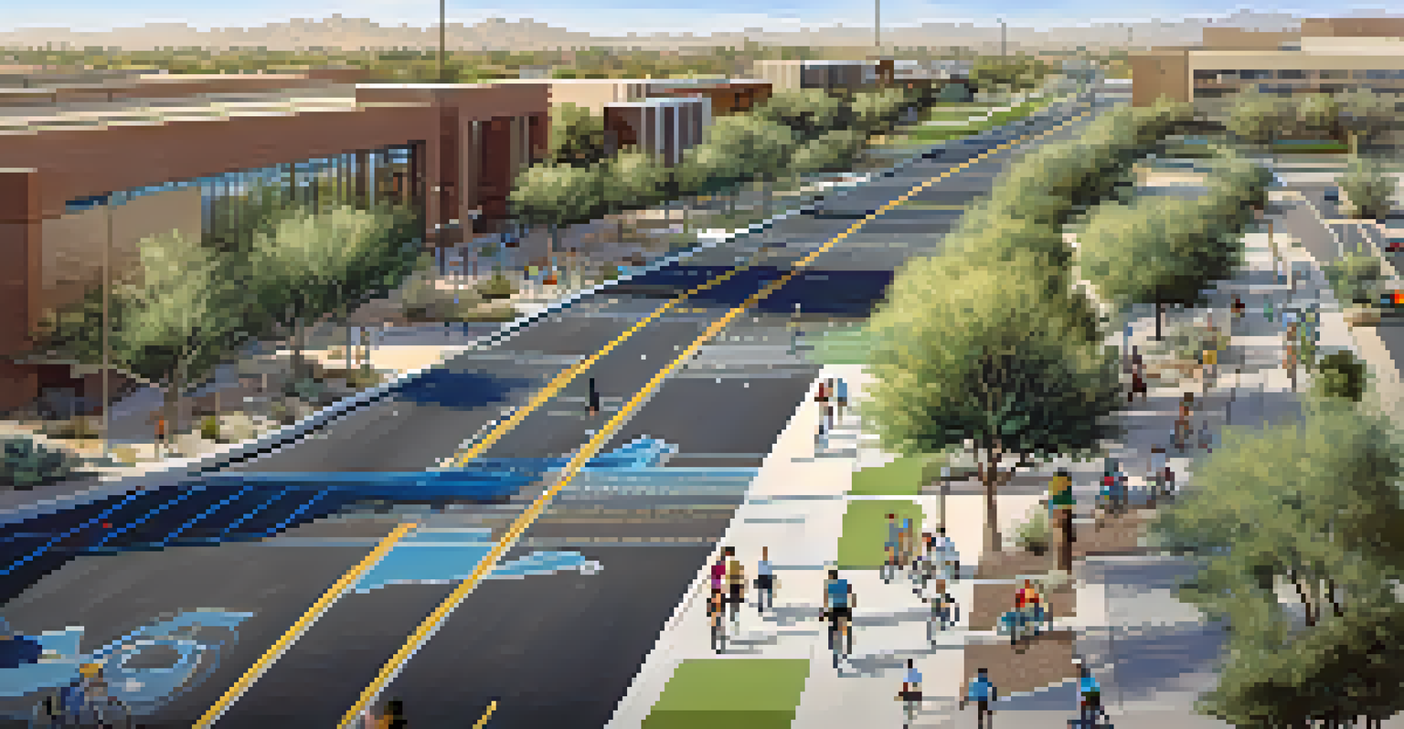 An aerial view of biking infrastructure in Phoenix, highlighting bike lanes and paths with cyclists riding through urban and park areas.