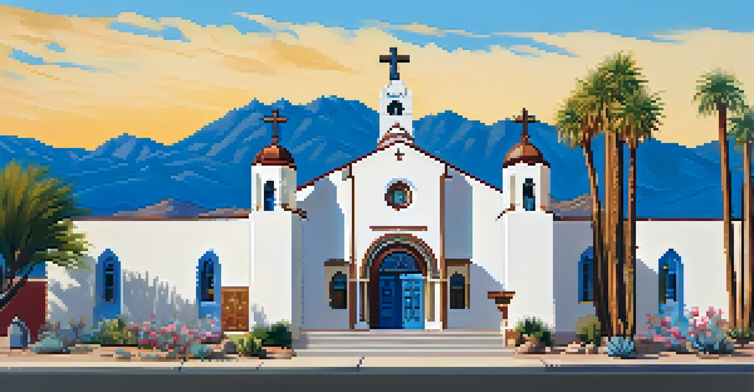 A historic Mission Revival style church with arched windows and decorative elements, surrounded by blooming desert flowers against a blue sky.