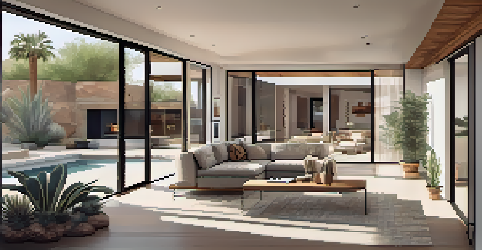 Interior of a modernist home in Phoenix with large windows, minimalistic decor, and a view of the patio.