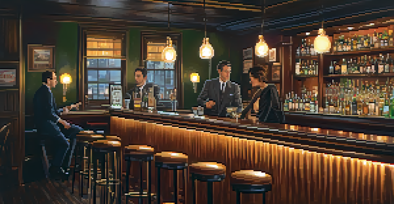 A cozy speakeasy bar with vintage decor and patrons enjoying craft cocktails in a warmly lit atmosphere.