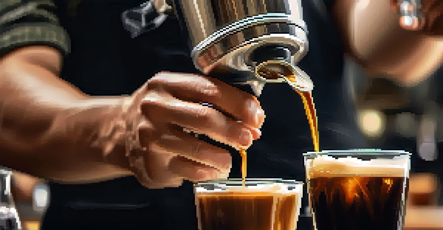 A close-up of a barista preparing nitro cold brew coffee, showcasing the creamy texture in a glass while a café buzzes in the background.