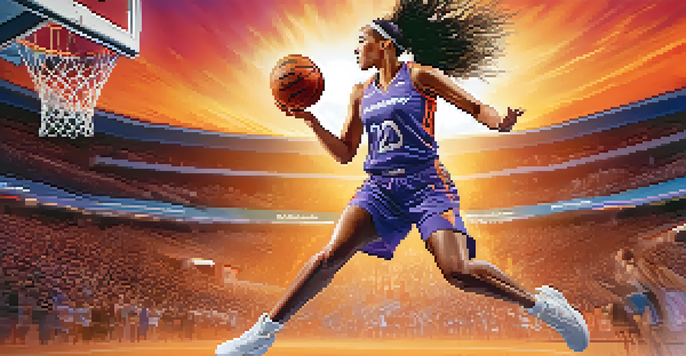 A female basketball player in a Phoenix Mercury jersey jumps for a layup during a sunset, with bright stadium lights and cheering fans in the background.