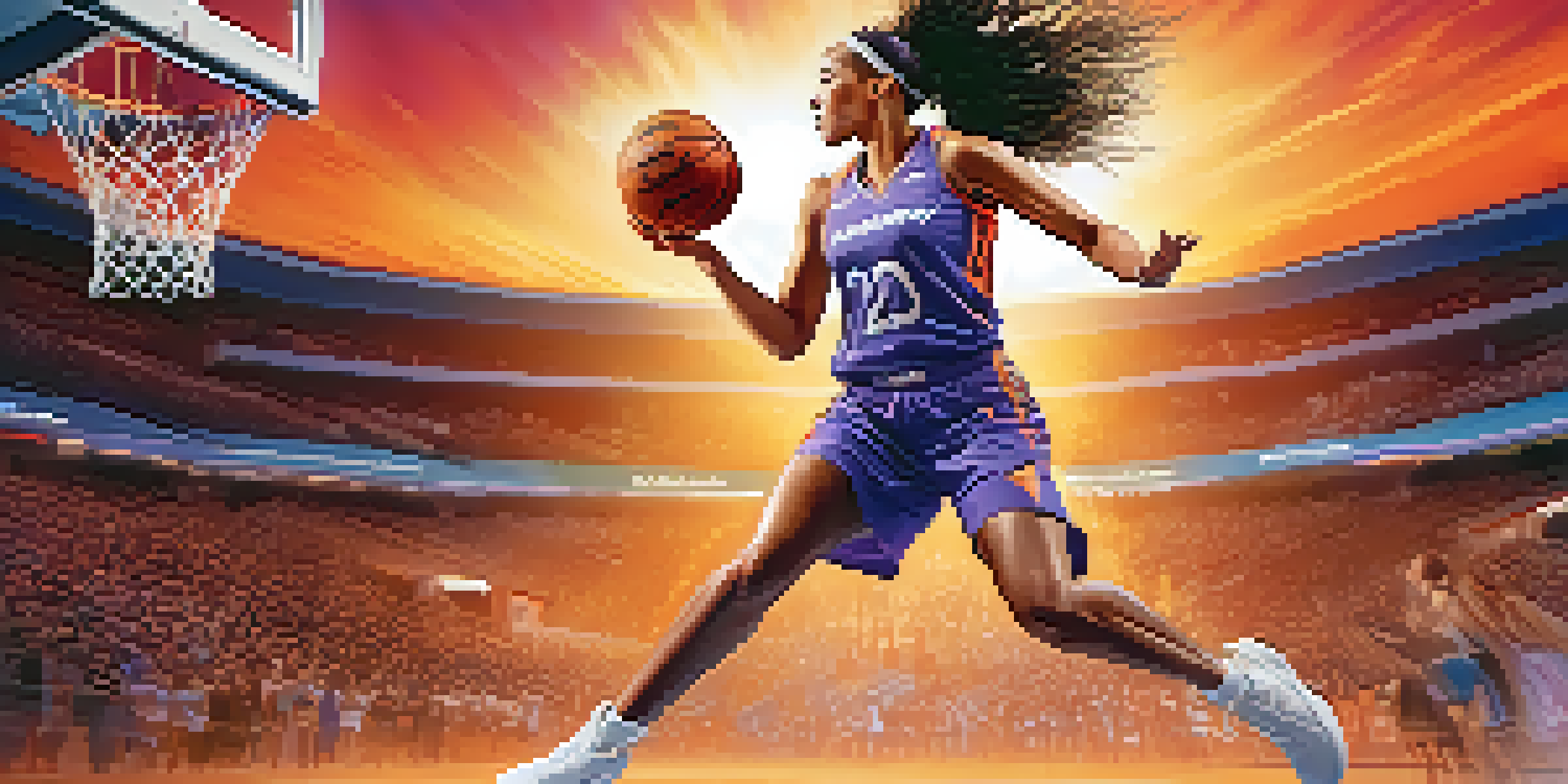 A female basketball player in a Phoenix Mercury jersey jumps for a layup during a sunset, with bright stadium lights and cheering fans in the background.