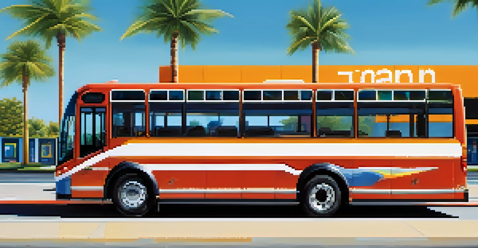 A modern low-floor bus at a bus stop, showcasing its accessibility features like wide doors and wheelchair space against a backdrop of blue sky and palm trees.