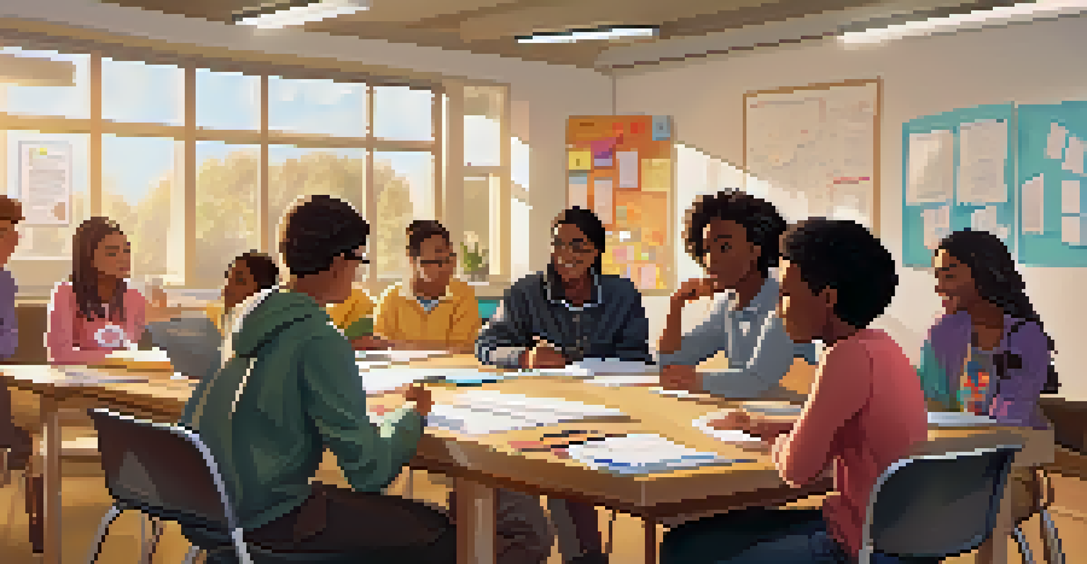 A classroom setting with students engaged in a student government meeting, discussing plans with a whiteboard in the background, highlighting collaboration and leadership.