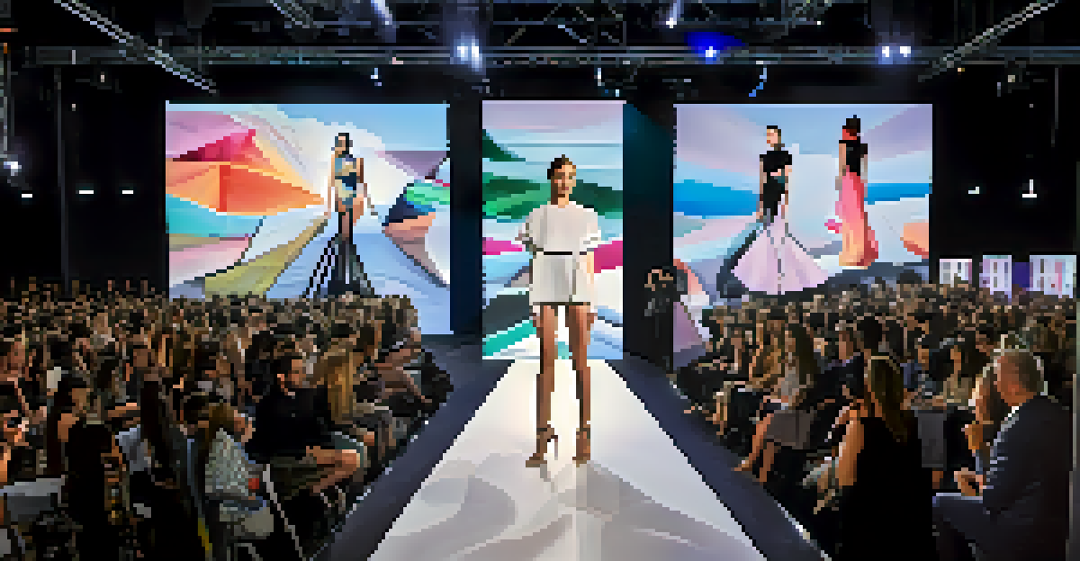 A fashion show in Phoenix featuring models in avant-garde outfits, 3D printed accessories, and a digital display.