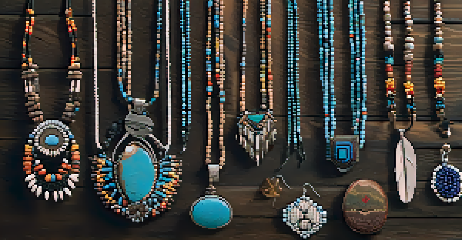 A collection of handmade jewelry with intricate beadwork and local stones displayed on a rustic wooden background.
