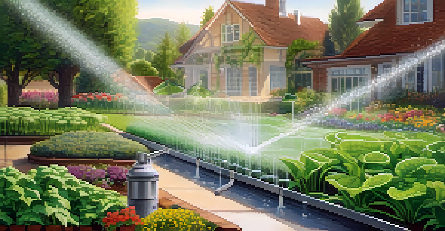 A close-up of a smart irrigation system watering a garden, with sensors and healthy plants in a sunny setting.