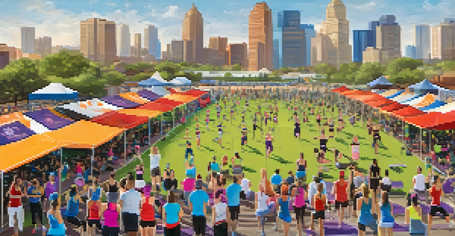 A bustling fitness festival scene with people participating in different workouts and local vendors in the background.