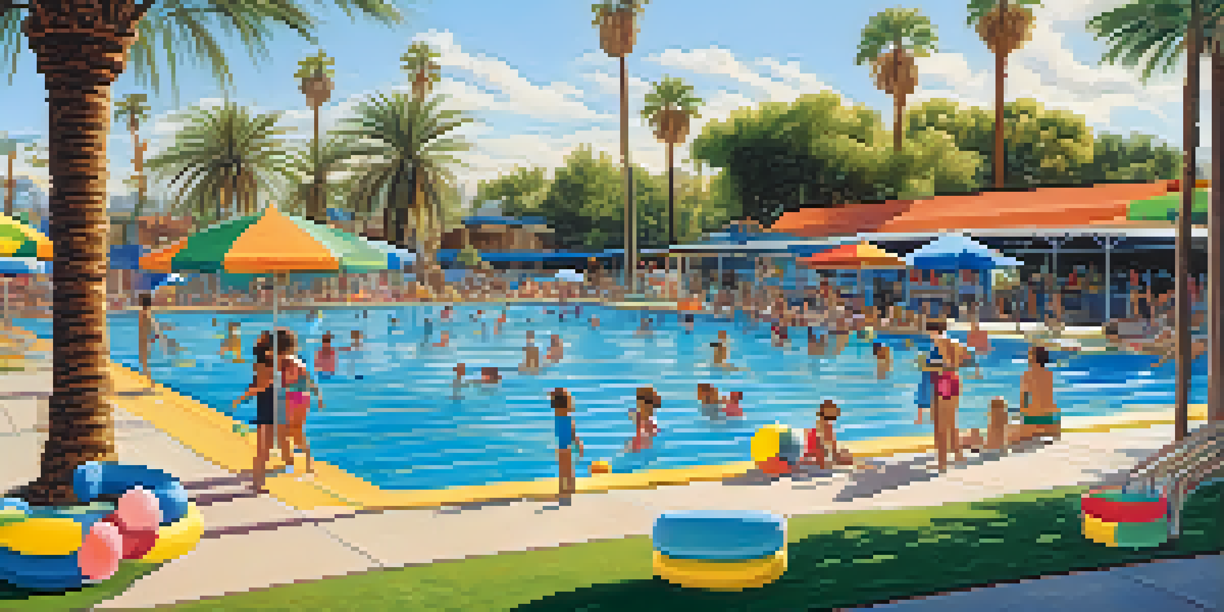 A lively public swimming pool in Phoenix with children playing in a shallow pool and adults swimming in a lap lane, surrounded by palm trees and bright sunlight.