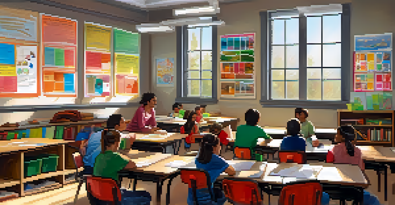 A bright and welcoming classroom with students engaged in discussion and a teacher facilitating learning.