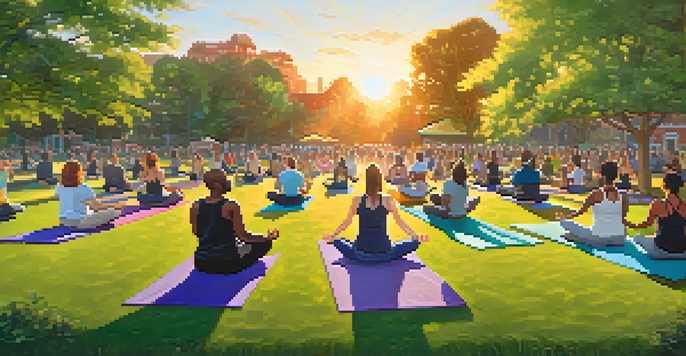 A diverse group of people doing yoga in a park during sunset, surrounded by greenery and colorful mats.