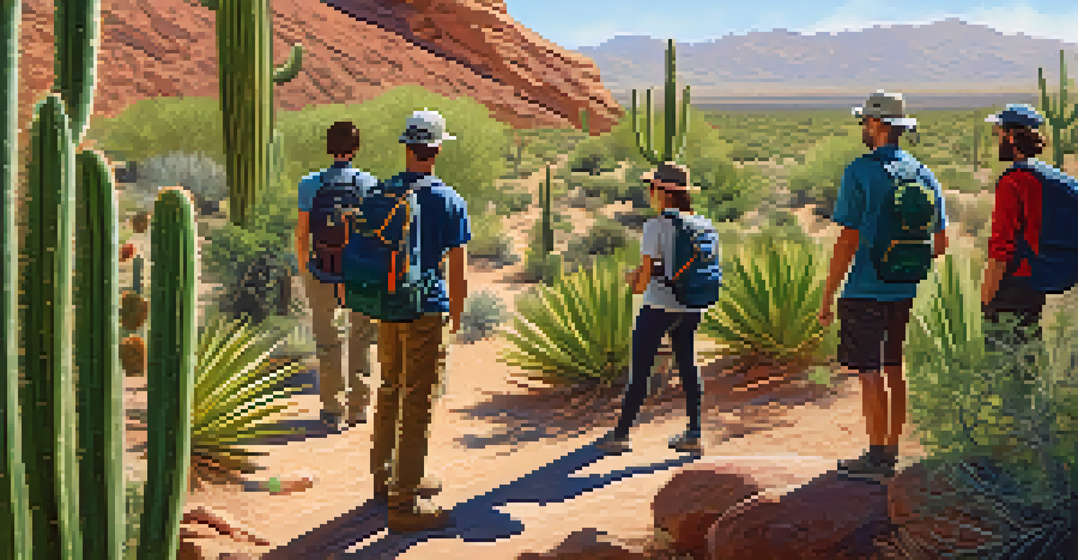 A hiking guide explaining about cactus species to a group of attentive hikers in a desert landscape.