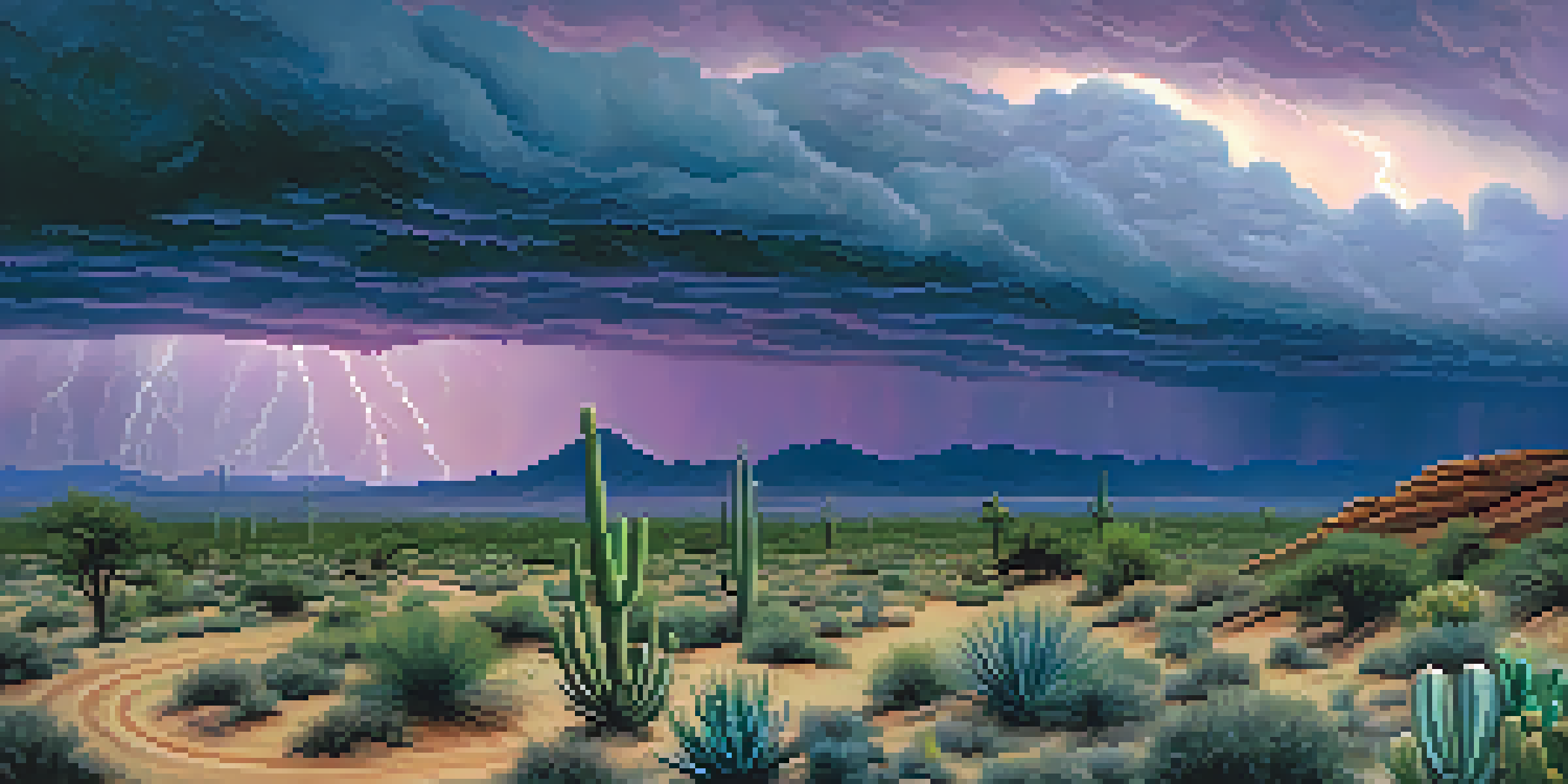 A desert landscape in Phoenix with dark storm clouds and rain beginning to fall, featuring cacti and a winding road.