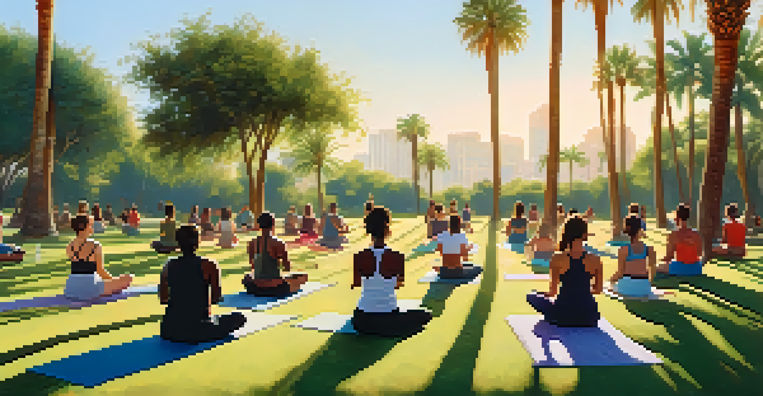 A diverse group practicing yoga outdoors in a park, surrounded by palm trees and blue sky.