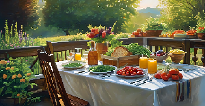 An outdoor dining table filled with fresh vegetables, fruits, and bread, surrounded by greenery and flowers under soft sunlight.