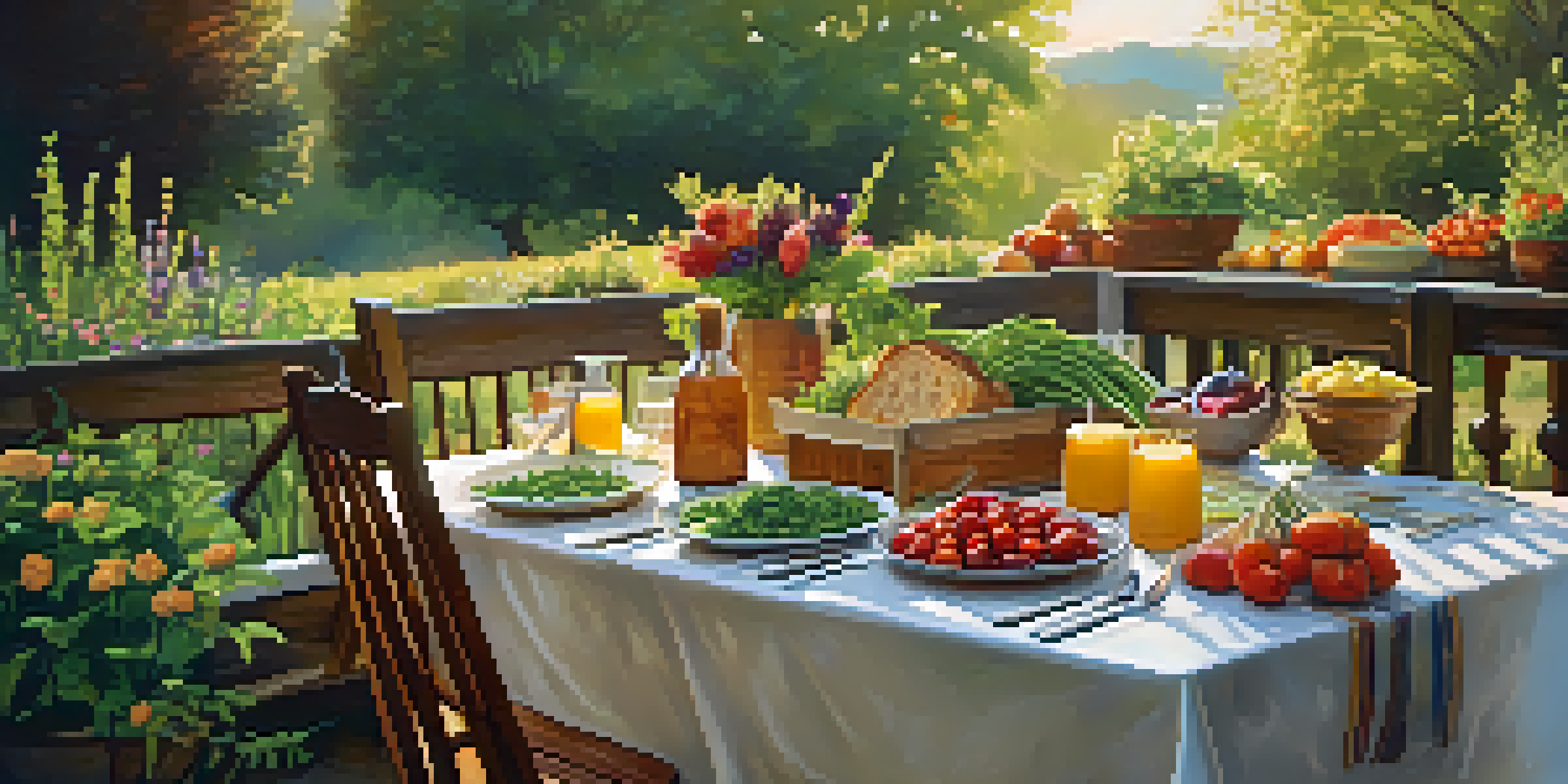 An outdoor dining table filled with fresh vegetables, fruits, and bread, surrounded by greenery and flowers under soft sunlight.