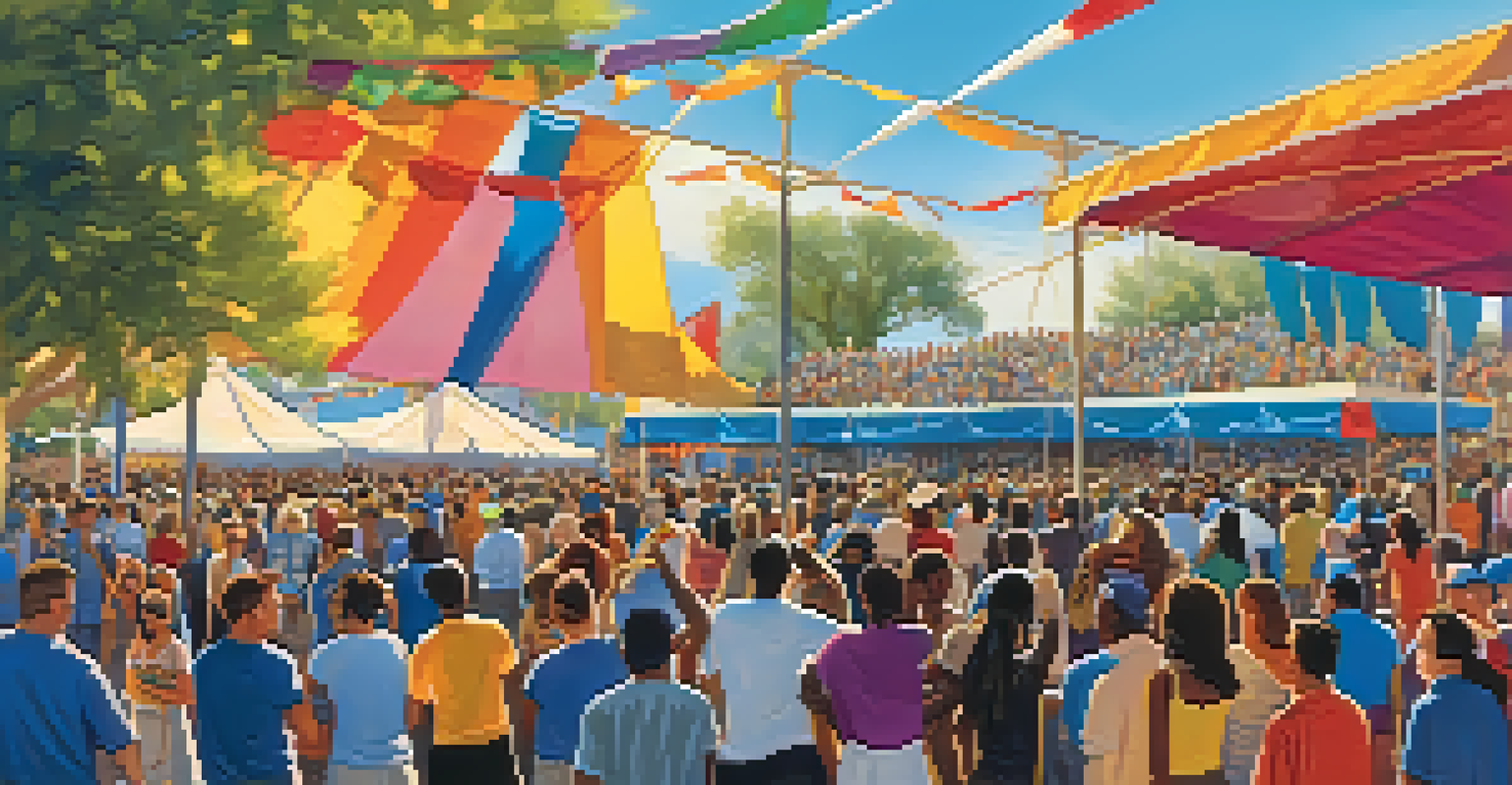 A lively outdoor jazz festival in Phoenix with a diverse crowd enjoying the music and colorful decorations.