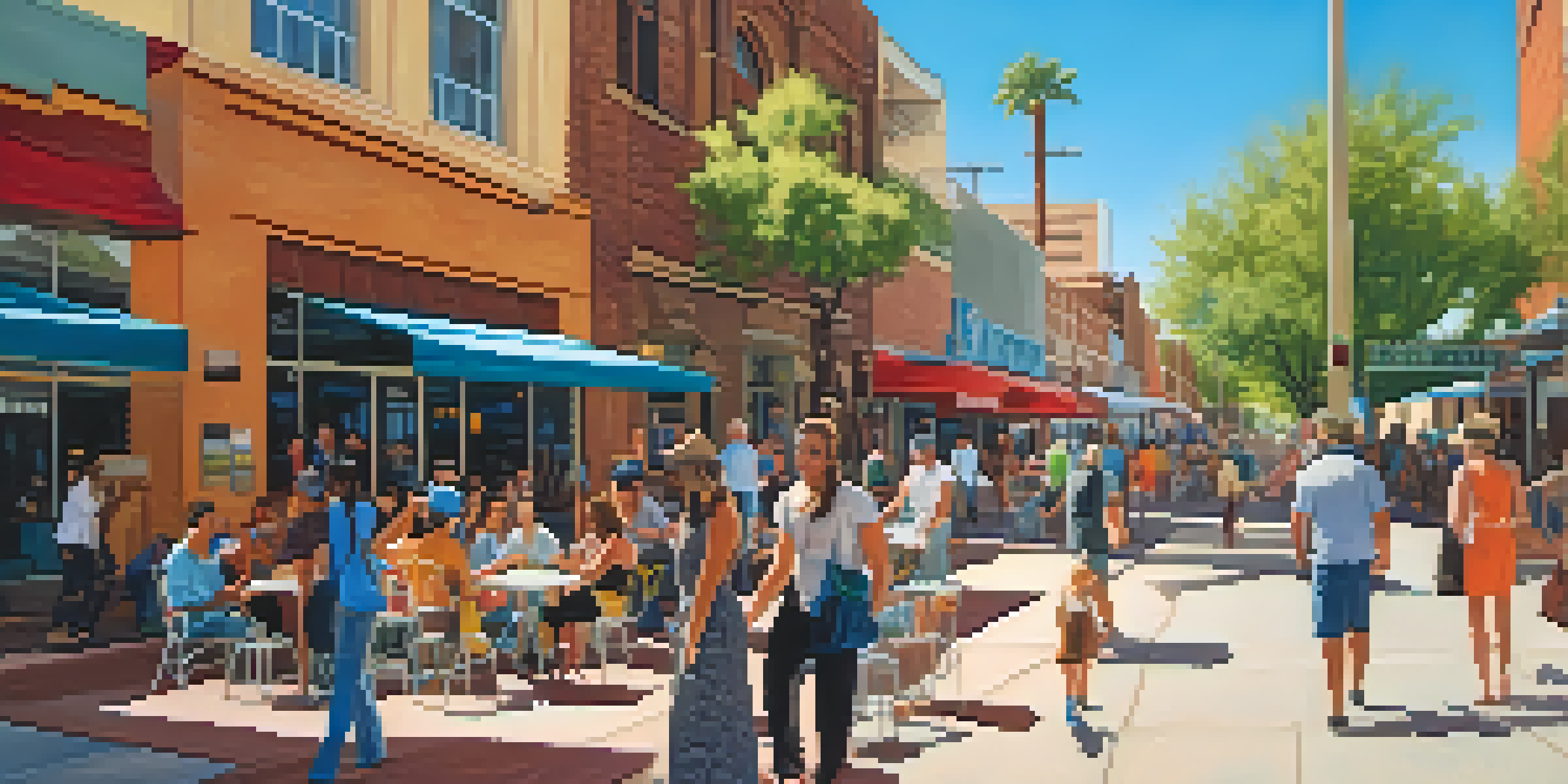 A bustling street in Downtown Phoenix with a mix of historic and modern buildings, colorful murals, and people enjoying the outdoor environment on a sunny day.