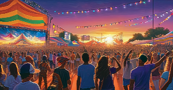A colorful outdoor music festival with diverse artists performing on stage and a lively crowd enjoying the music under a sunset sky.