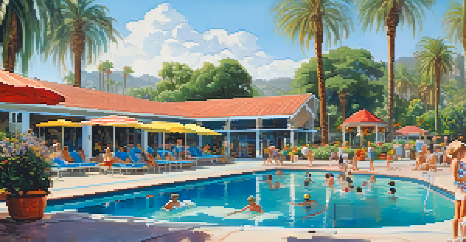 Families enjoying a sunny day at Encanto Park Pool with palm trees and diving boards.