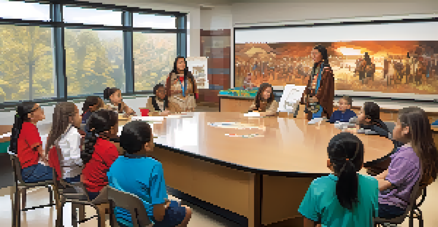 A modern classroom filled with diverse students learning about Native American history, decorated with relevant posters and led by a Native American educator.