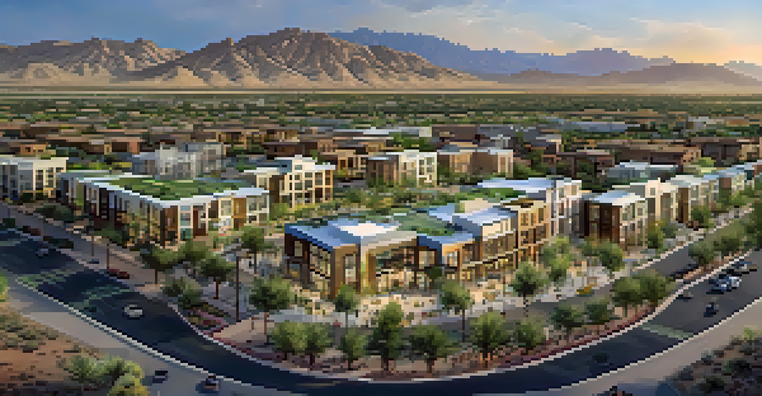 Aerial view of a mixed-use development in Phoenix featuring residential and retail spaces with public transport hubs.