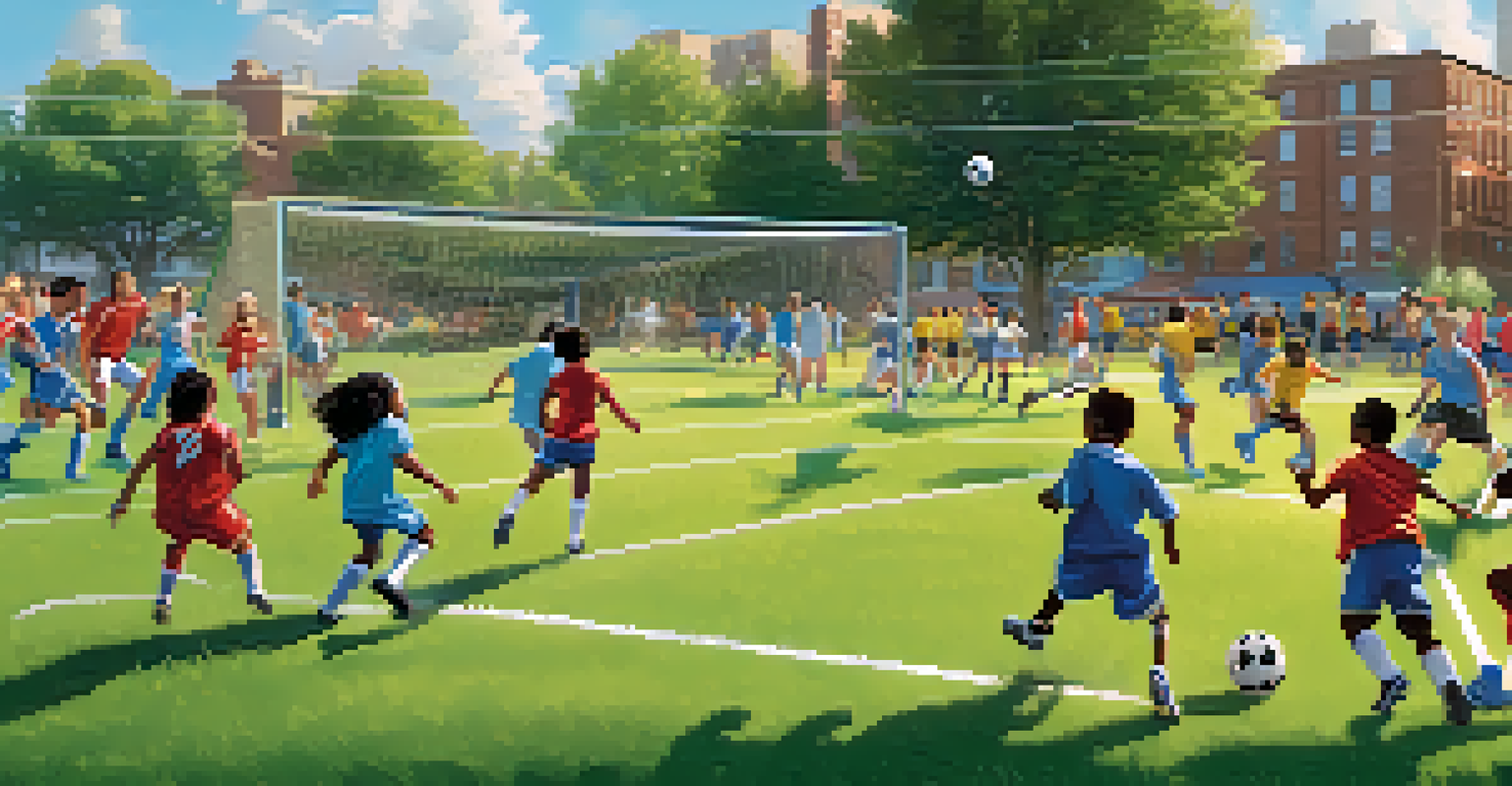 Young athletes playing soccer in a vibrant urban park, with cheering parents and a clear sky in the background, promoting community engagement.