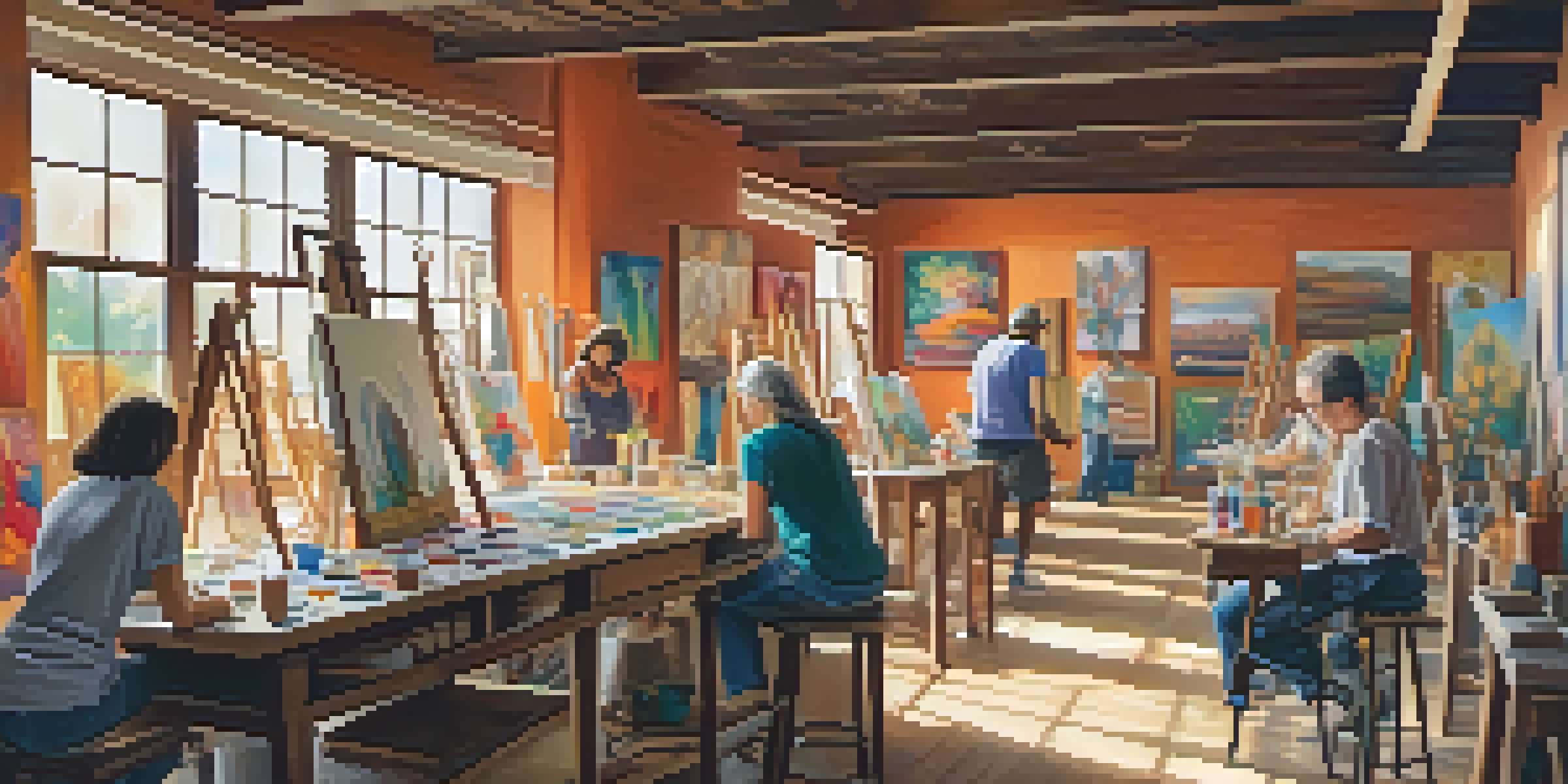 A lively art studio in Phoenix with artists of all ages creating art, including pottery and painting, with sunlight streaming in through large windows.