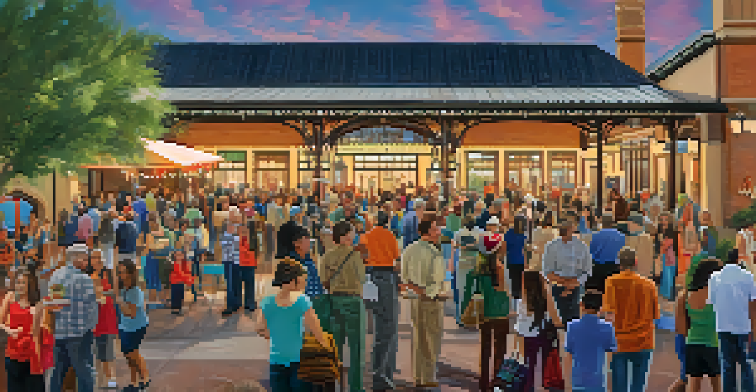 A lively community event at a historic train station in Phoenix, showcasing local artists and musicians in a festive atmosphere.