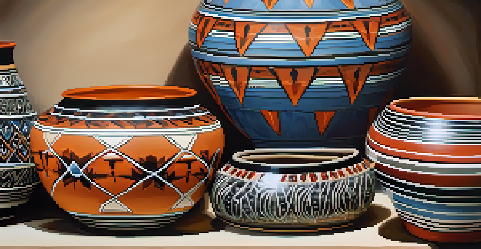Close-up of beautifully crafted Native American pottery with intricate designs, showcased in a gallery setting.