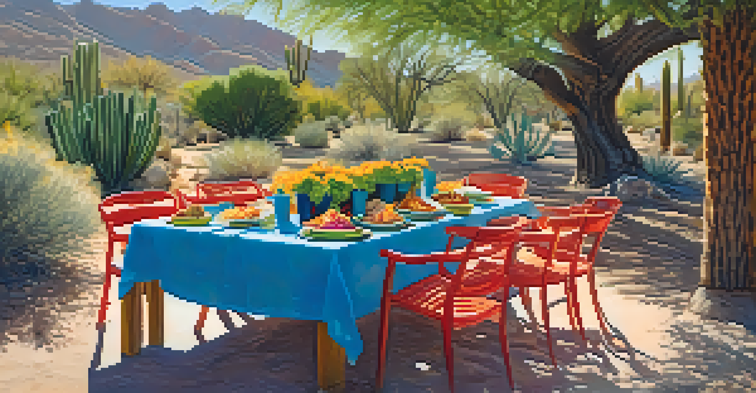 A table set for outdoor dining at Gertrude's in the Desert Botanical Garden, surrounded by vibrant salads and tacos under a mesquite tree.