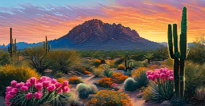A panoramic view of Camelback Mountain at sunrise with hikers on the trails and desert plants in the foreground.
