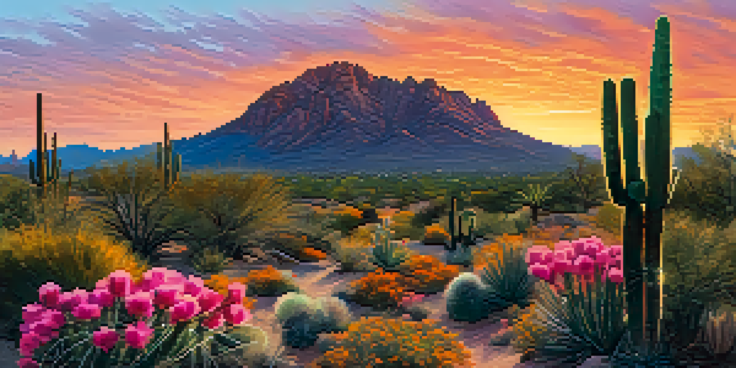 A panoramic view of Camelback Mountain at sunrise with hikers on the trails and desert plants in the foreground.