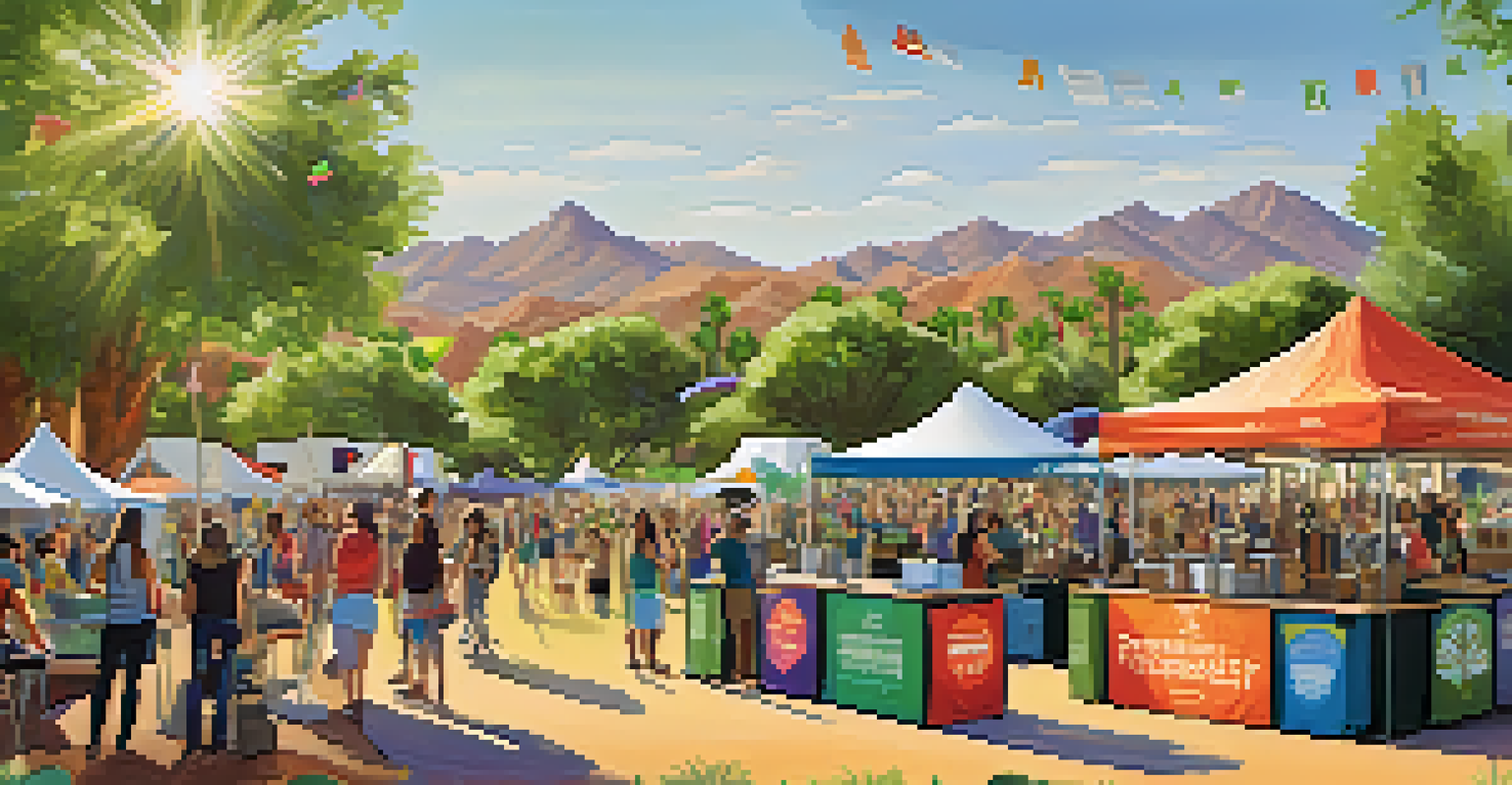 An eco-friendly music festival in Phoenix with recycling stations, solar panels, and attendees engaged in sustainability workshops.
