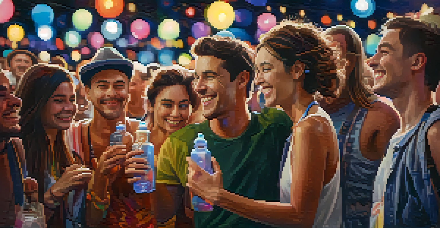 A close-up of a festival-goer holding a water bottle with friends in the background enjoying a music festival.