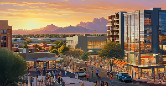 A lively urban scene in Phoenix with modern buildings, warm sunlight, and people enjoying a park.