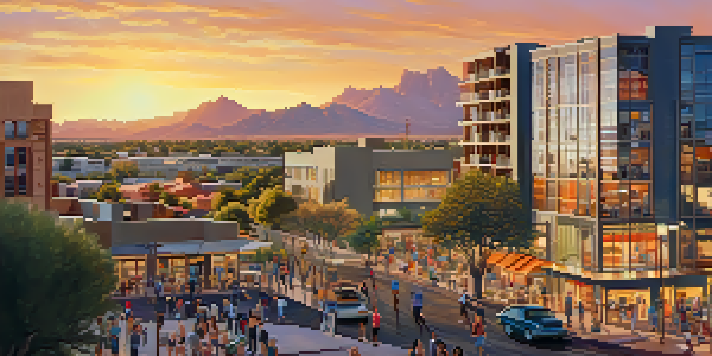 A lively urban scene in Phoenix with modern buildings, warm sunlight, and people enjoying a park.
