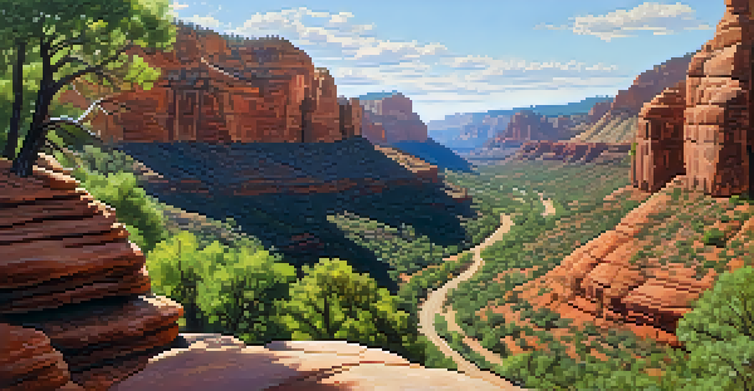 A beautiful overlook in Oak Creek Canyon featuring red rock formations and greenery, with a winding road and sunlight filtering through trees.