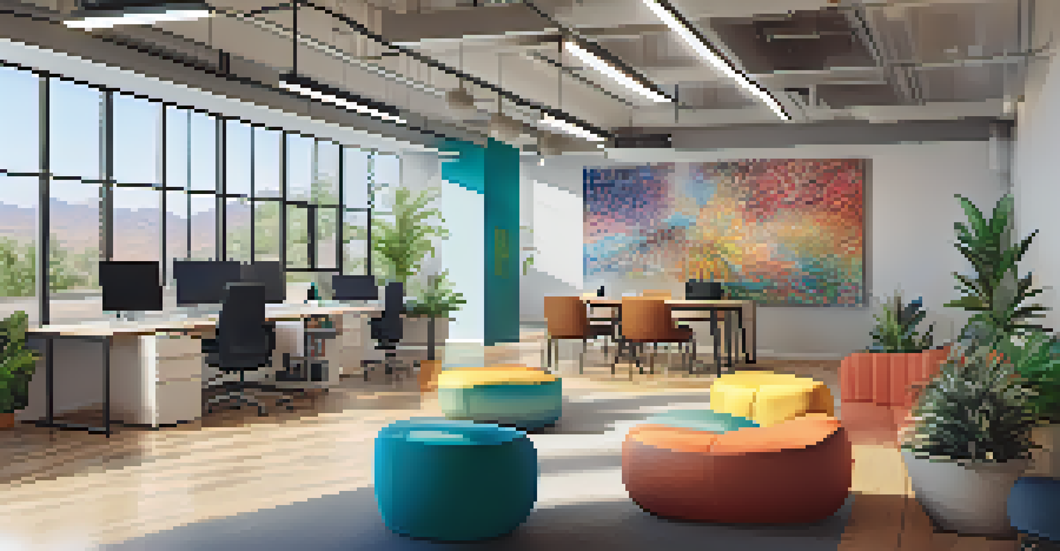 Interior of a modern tech startup office with diverse individuals collaborating.