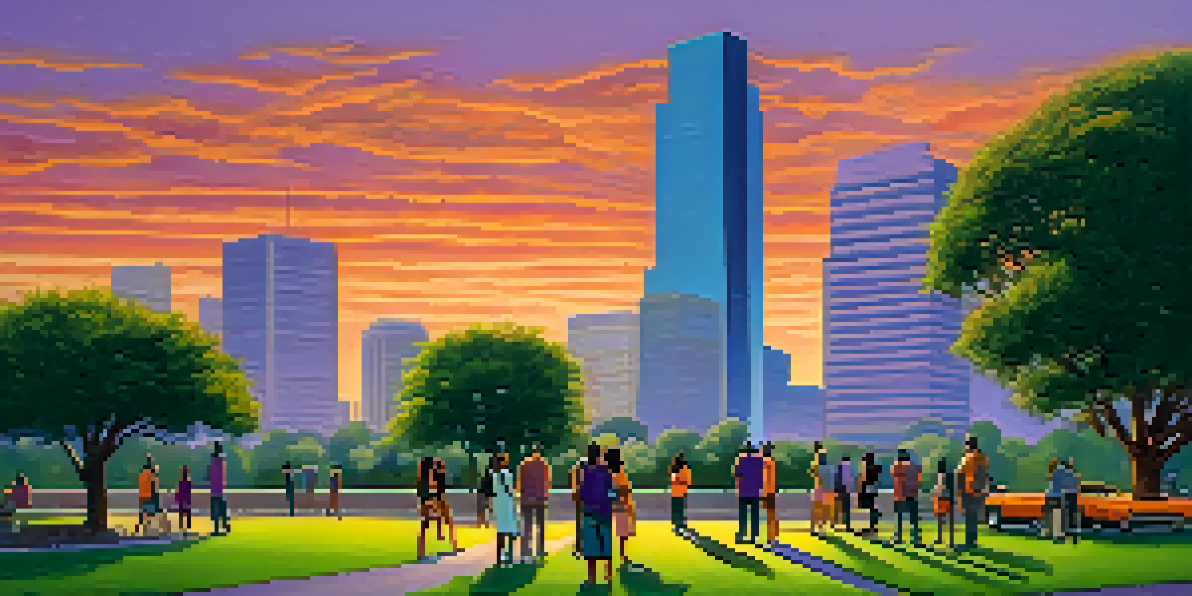 A diverse group of people in a park engaging in conversation during sunset, symbolizing support and mental health awareness.