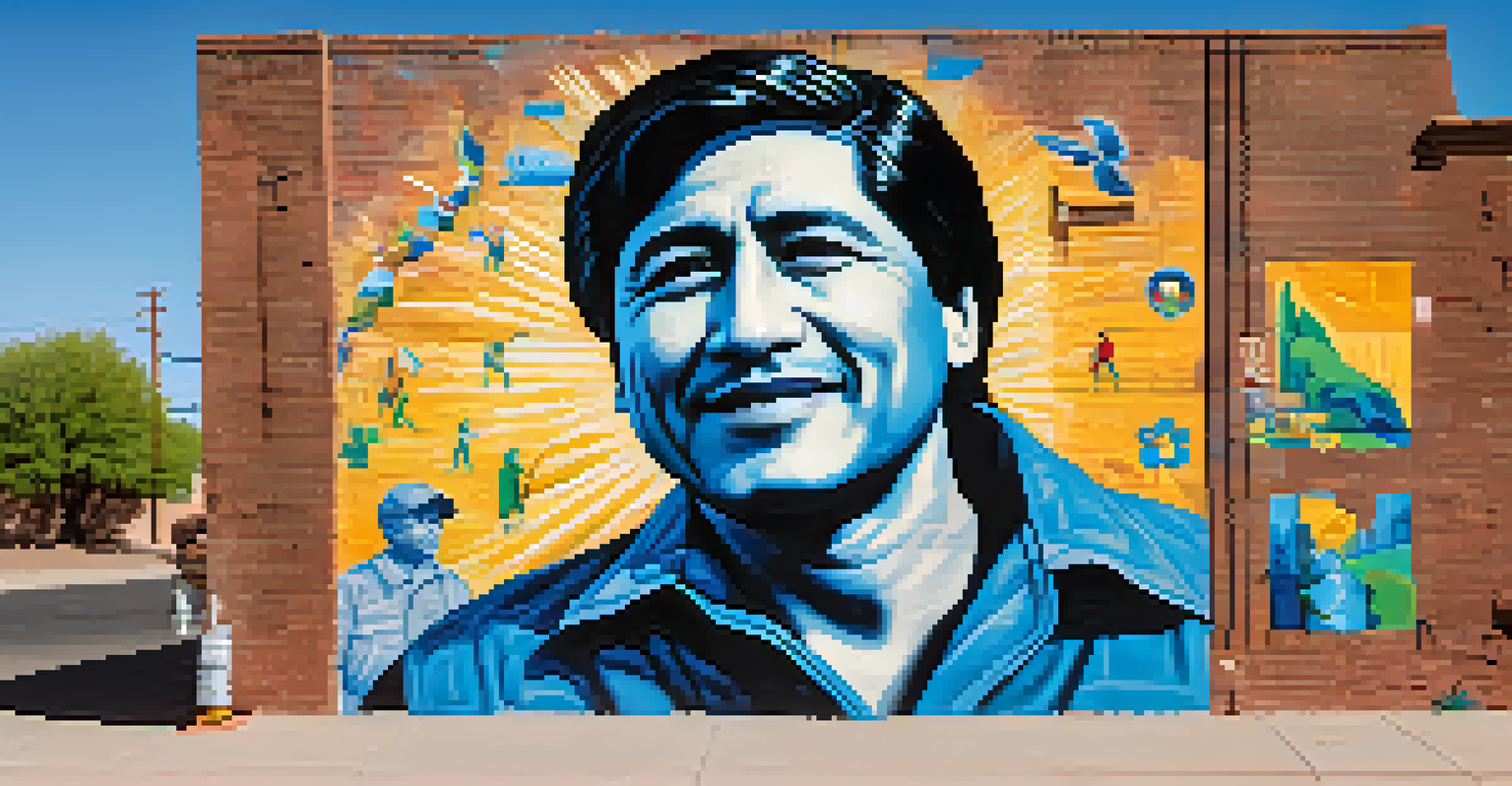 A colorful mural of Cesar Chavez surrounded by farmworkers and symbols of unity, painted on a brick wall in Phoenix.